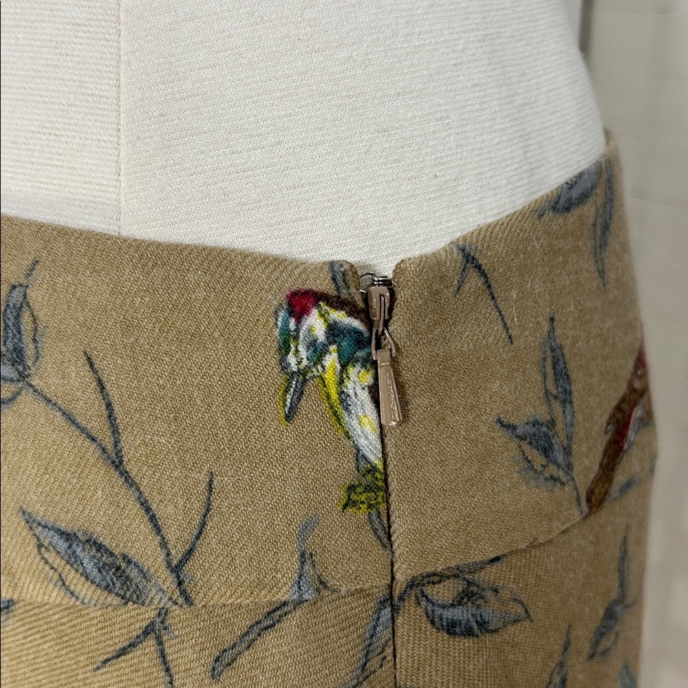 Anthropologie Elevenses Wool A-Line Skirt with Bird Print, tan, gray, red. - Picture 6 of 10